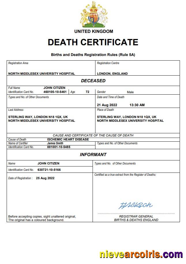United Kingdom vital record death certificate